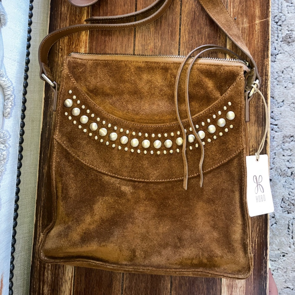 HOBO Tan Suede Mystic crossbody Shoulder Bag with metal Accents